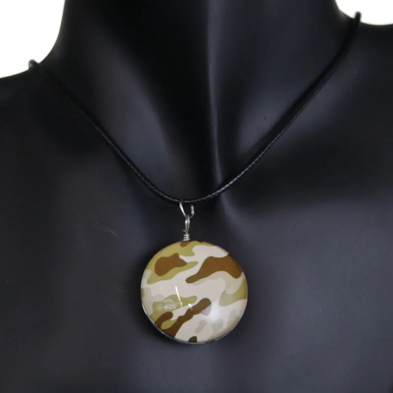 Green Brown Camo Murano Glass Cord Necklace
