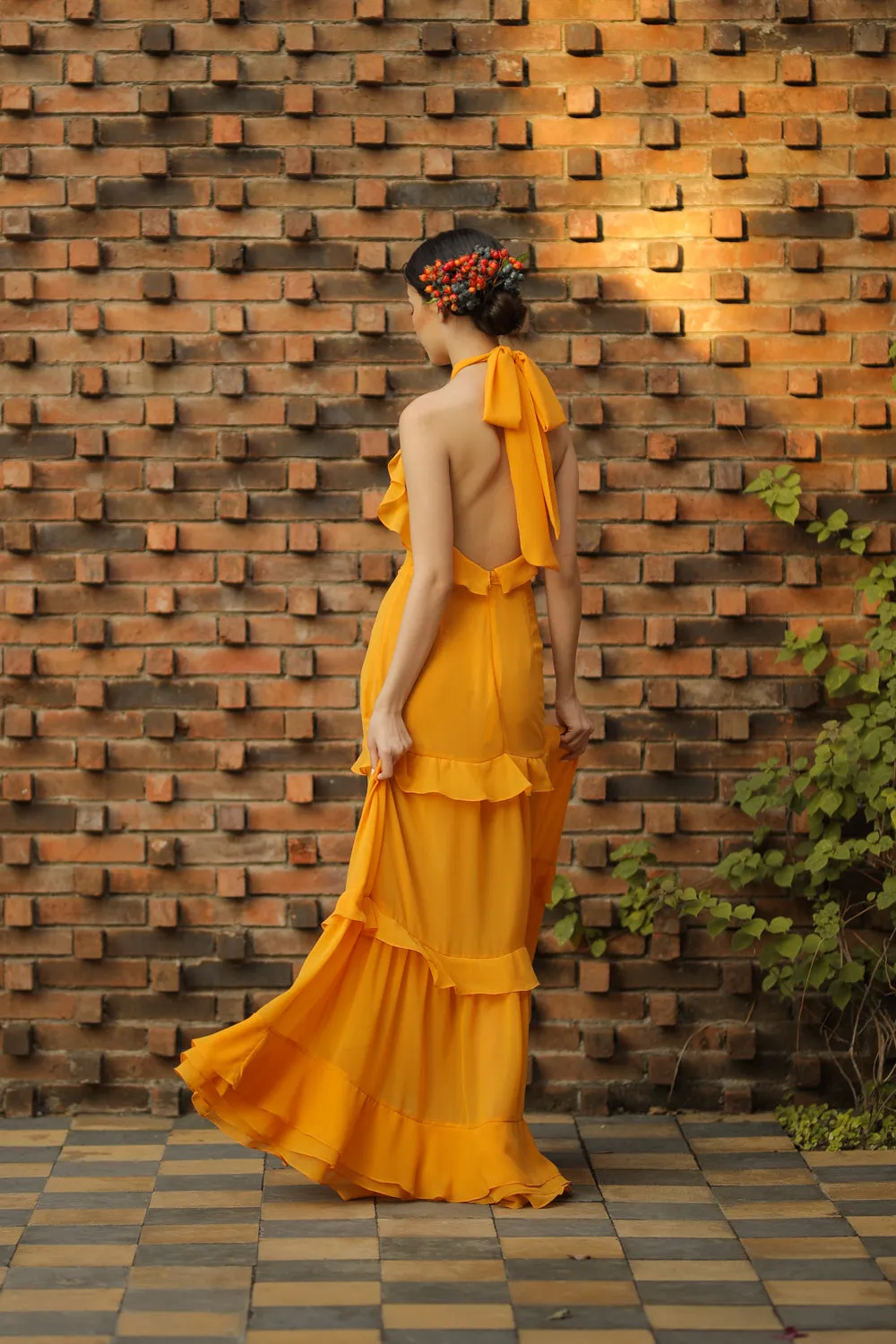 HERMOSA Chiffon Maxi with Layered Ruffles and Tie Back (Marigold Chiffon)