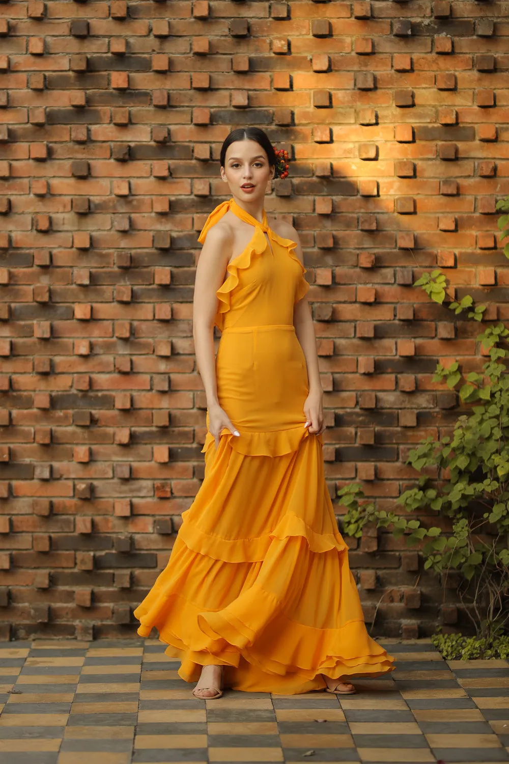 HERMOSA Chiffon Maxi with Layered Ruffles and Tie Back (Marigold Chiffon)