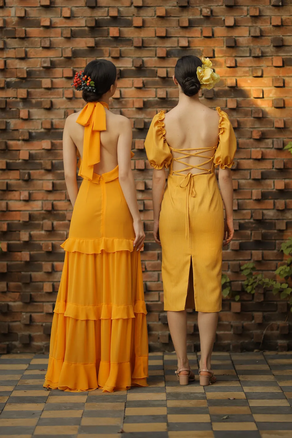 HERMOSA Chiffon Maxi with Layered Ruffles and Tie Back (Marigold Chiffon)
