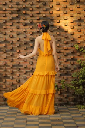 HERMOSA Chiffon Maxi with Layered Ruffles and Tie Back (Marigold Chiffon)