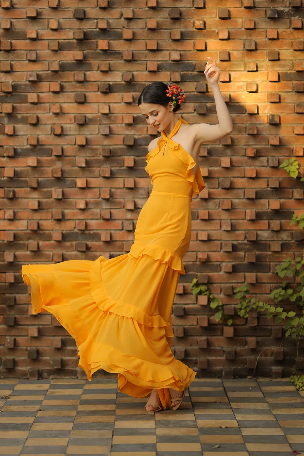 HERMOSA Chiffon Maxi with Layered Ruffles and Tie Back (Marigold Chiffon)