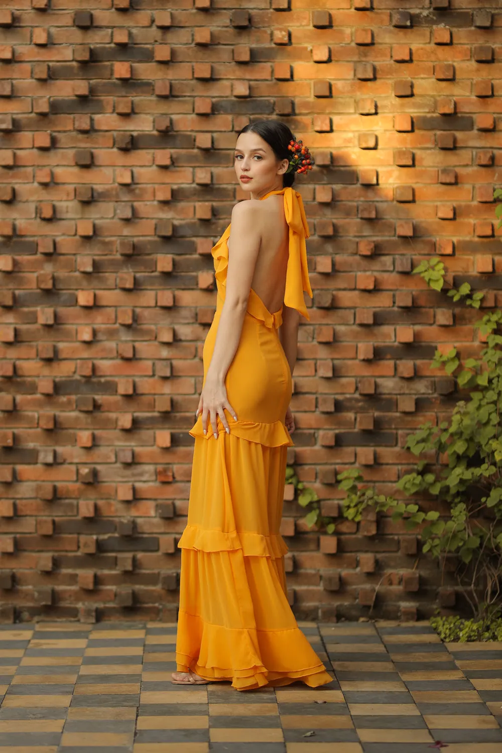 HERMOSA Chiffon Maxi with Layered Ruffles and Tie Back (Marigold Chiffon)