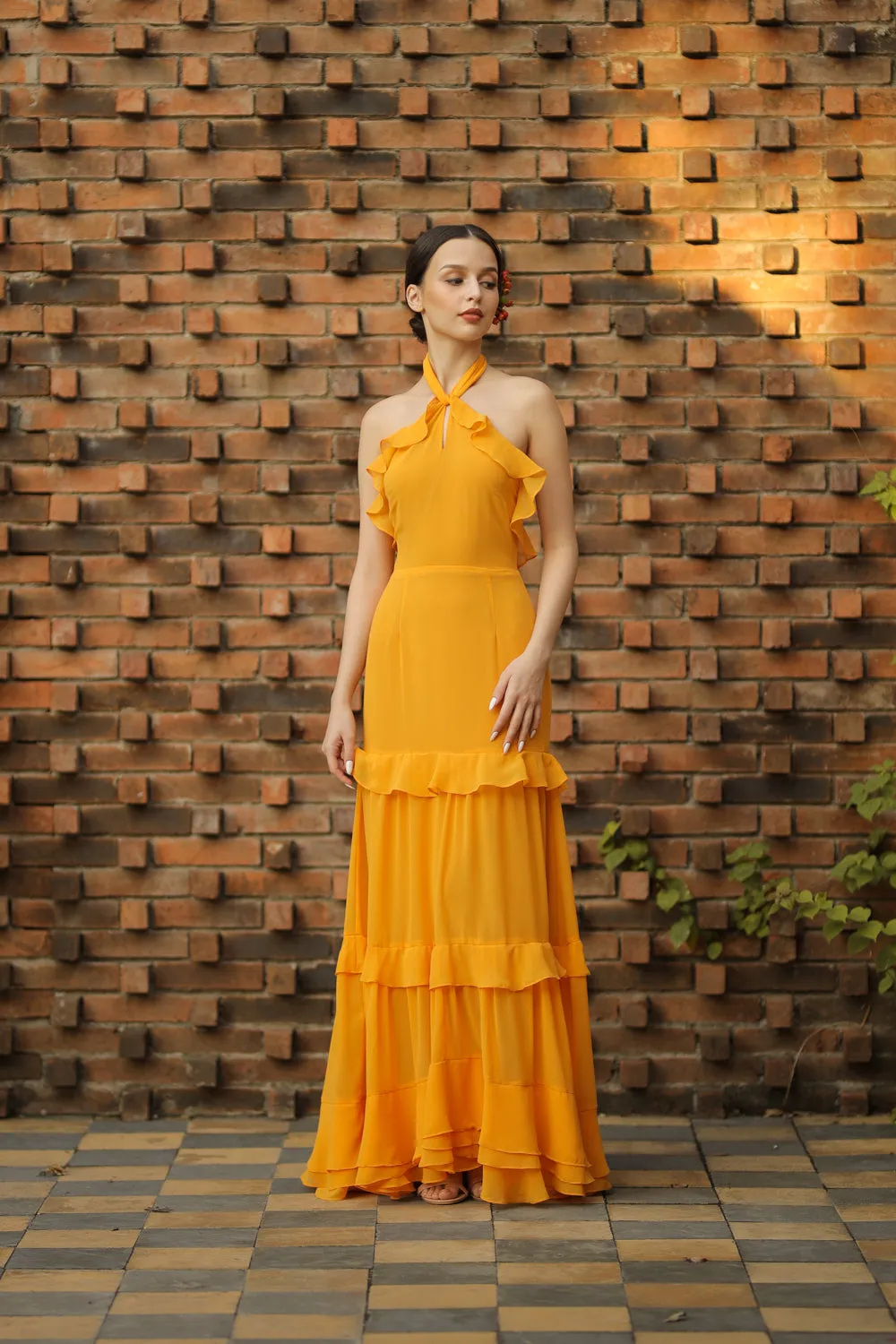 HERMOSA Chiffon Maxi with Layered Ruffles and Tie Back (Marigold Chiffon)