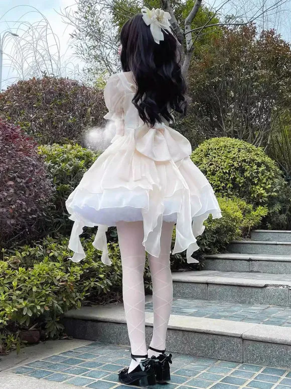 Hime Lolita Dress Ivory Off-Shoulder Layered Chiffon Skirt Bow Sweet Lolita Jumper