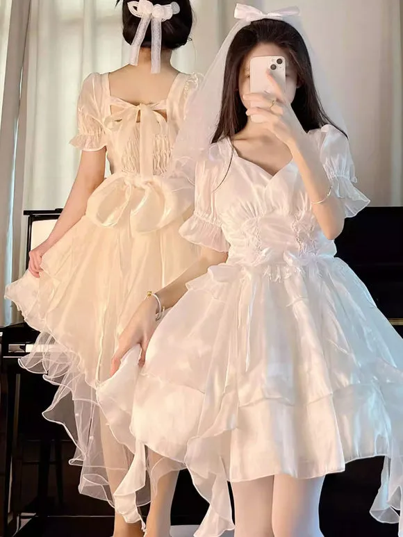 Hime Lolita Dress Ivory Off-Shoulder Layered Chiffon Skirt Bow Sweet Lolita Jumper