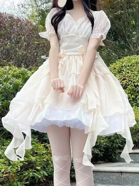 Hime Lolita Dress Ivory Off-Shoulder Layered Chiffon Skirt Bow Sweet Lolita Jumper