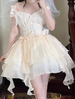 Hime Lolita Dress Ivory Off-Shoulder Layered Chiffon Skirt Bow Sweet Lolita Jumper