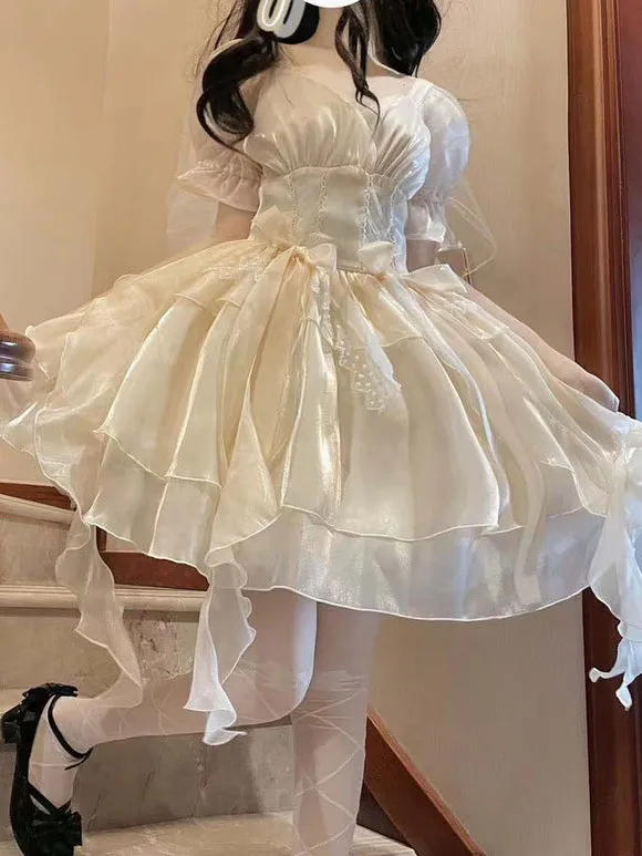 Hime Lolita Dress Ivory Off-Shoulder Layered Chiffon Skirt Bow Sweet Lolita Jumper