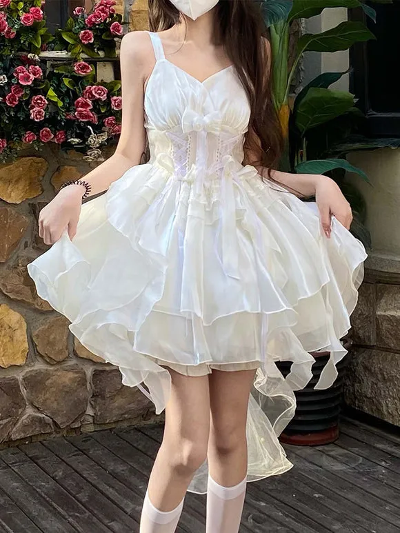 Hime Lolita Dress Ivory Off-Shoulder Layered Chiffon Skirt Bow Sweet Lolita Jumper