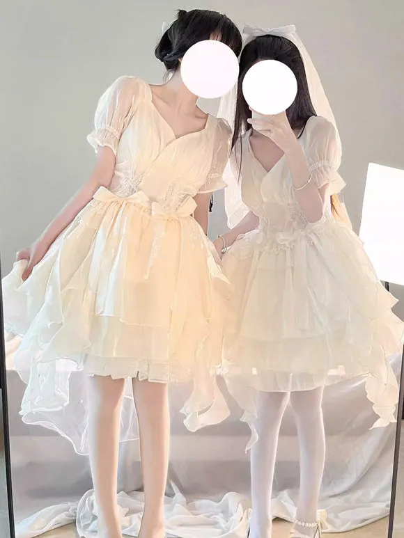 Hime Lolita Dress Ivory Off-Shoulder Layered Chiffon Skirt Bow Sweet Lolita Jumper