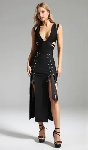 HOLLOW DOUBLE SLIT RIBBON MIDI DRESS IN BLACK
