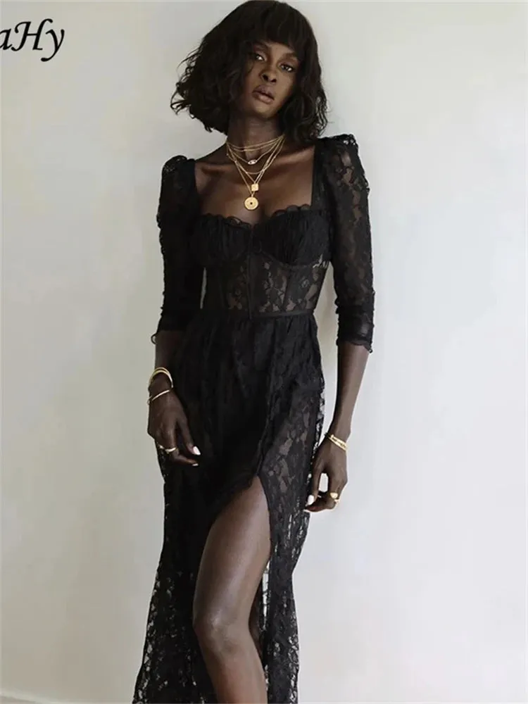 Hollow Out Lace-up Elegant Maxi Dress Summer Fairy Grunge Long Party Dress