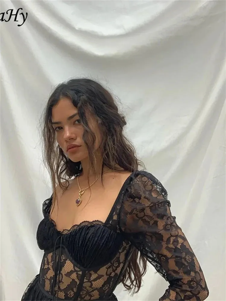 Hollow Out Lace-up Elegant Maxi Dress Summer Fairy Grunge Long Party Dress