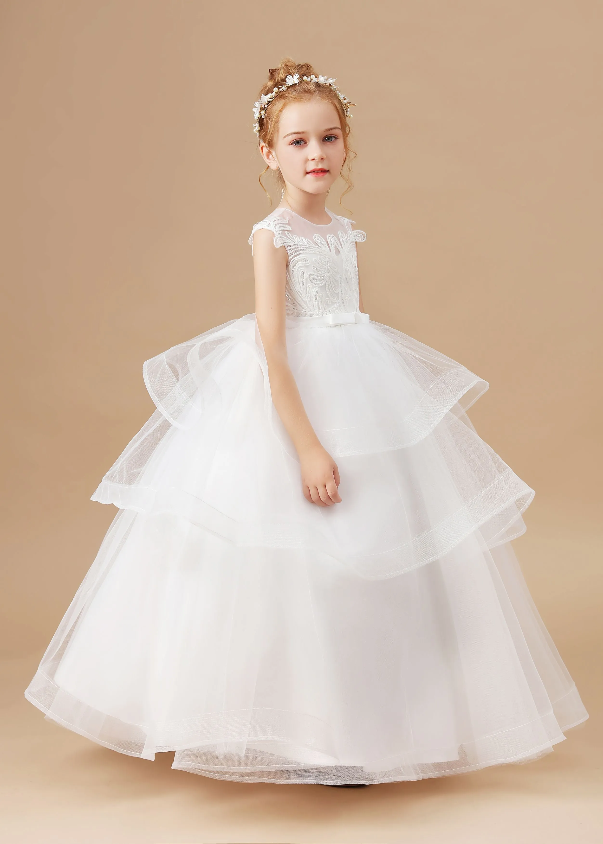 Ivory Multi-layered Tulle Ruffled Satin Flower Girl Dresses With Bow