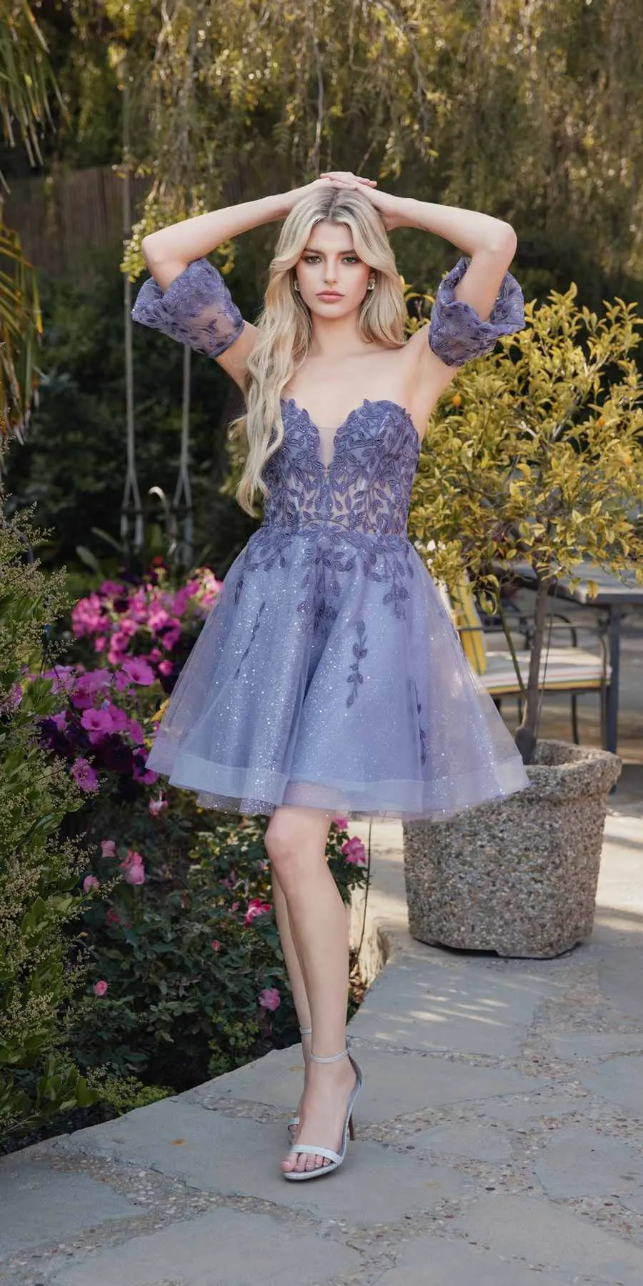 Juliet 909 Short A-Line Glitter Print Dress Removable Short Puff Sleeves