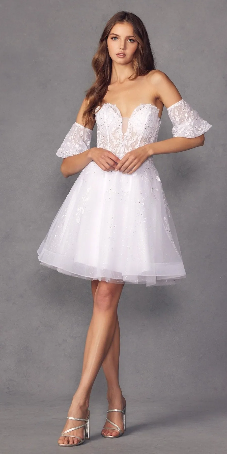 Juliet 909 Short A-Line Glitter Print Dress Removable Short Puff Sleeves