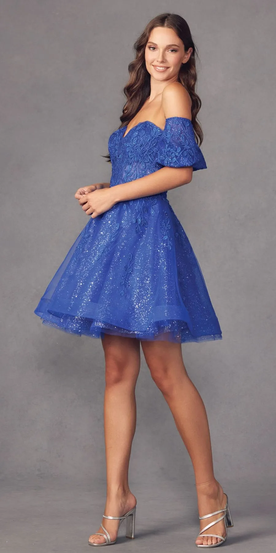 Juliet 909 Short A-Line Glitter Print Dress Removable Short Puff Sleeves