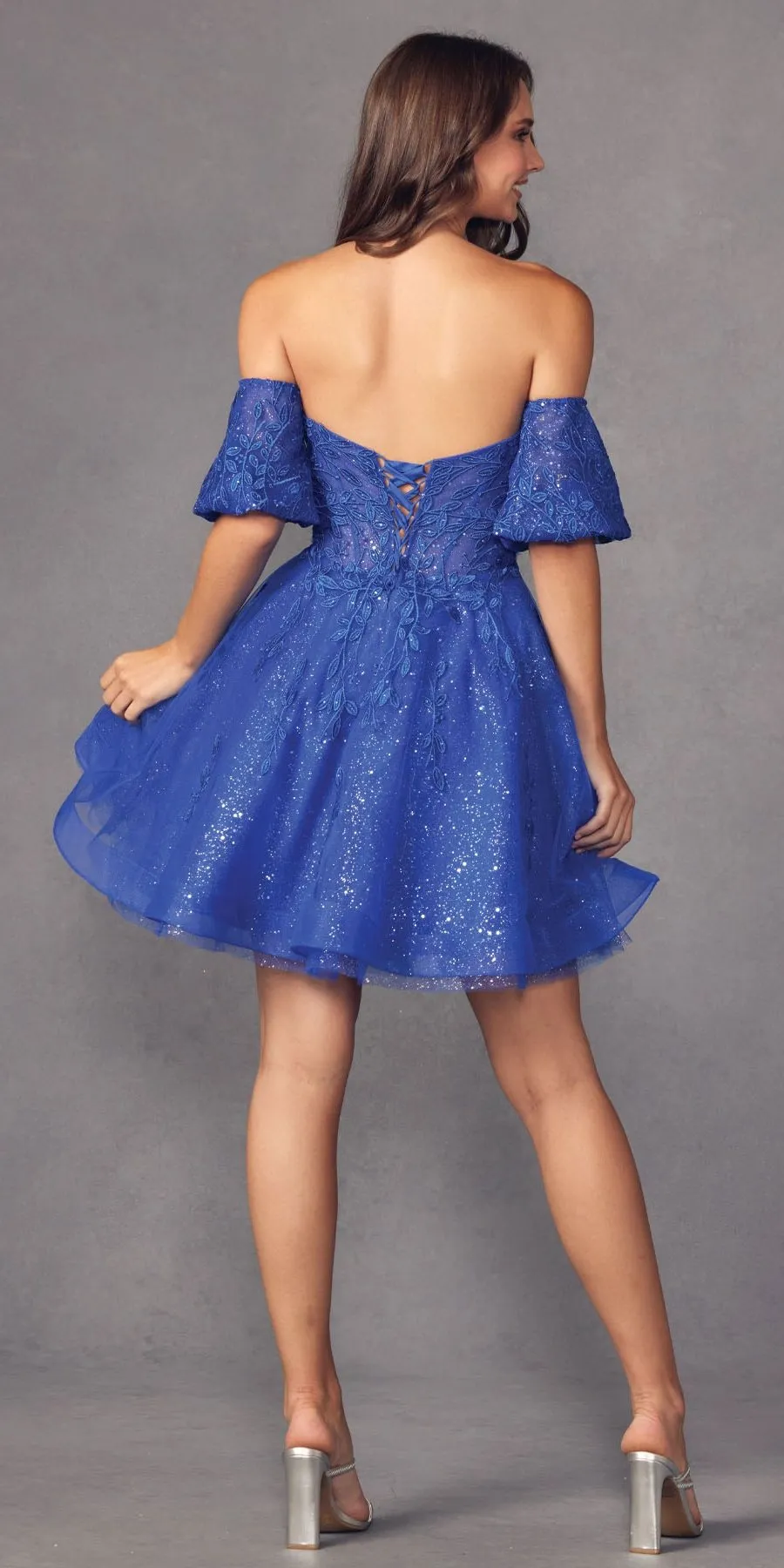 Juliet 909 Short A-Line Glitter Print Dress Removable Short Puff Sleeves