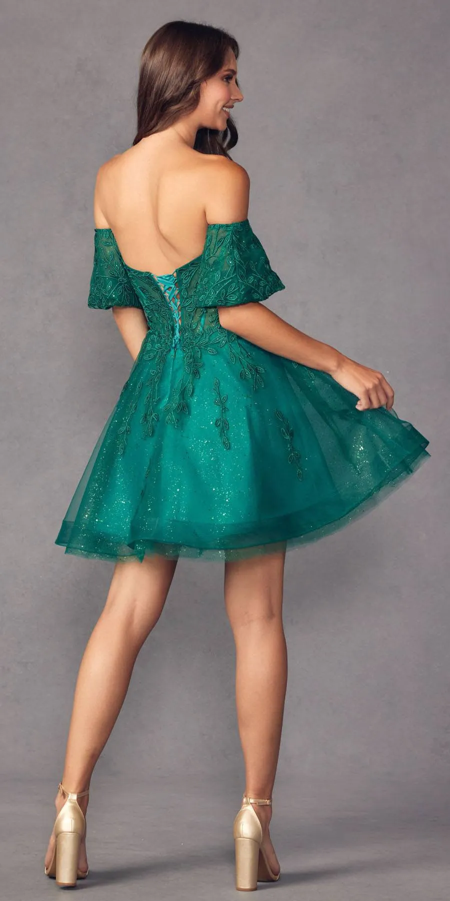 Juliet 909 Short A-Line Glitter Print Dress Removable Short Puff Sleeves
