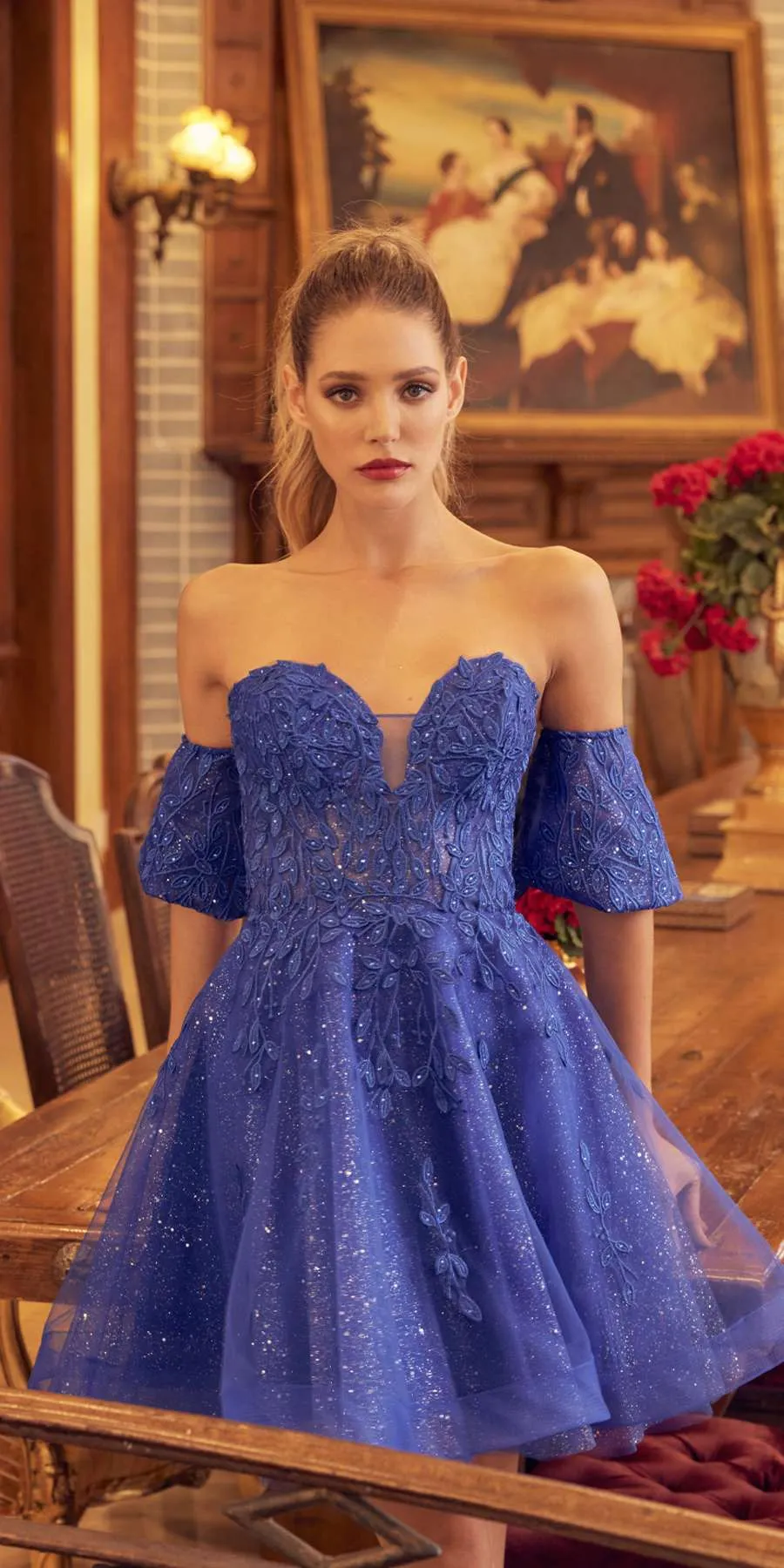 Juliet 909 Short A-Line Glitter Print Dress Removable Short Puff Sleeves