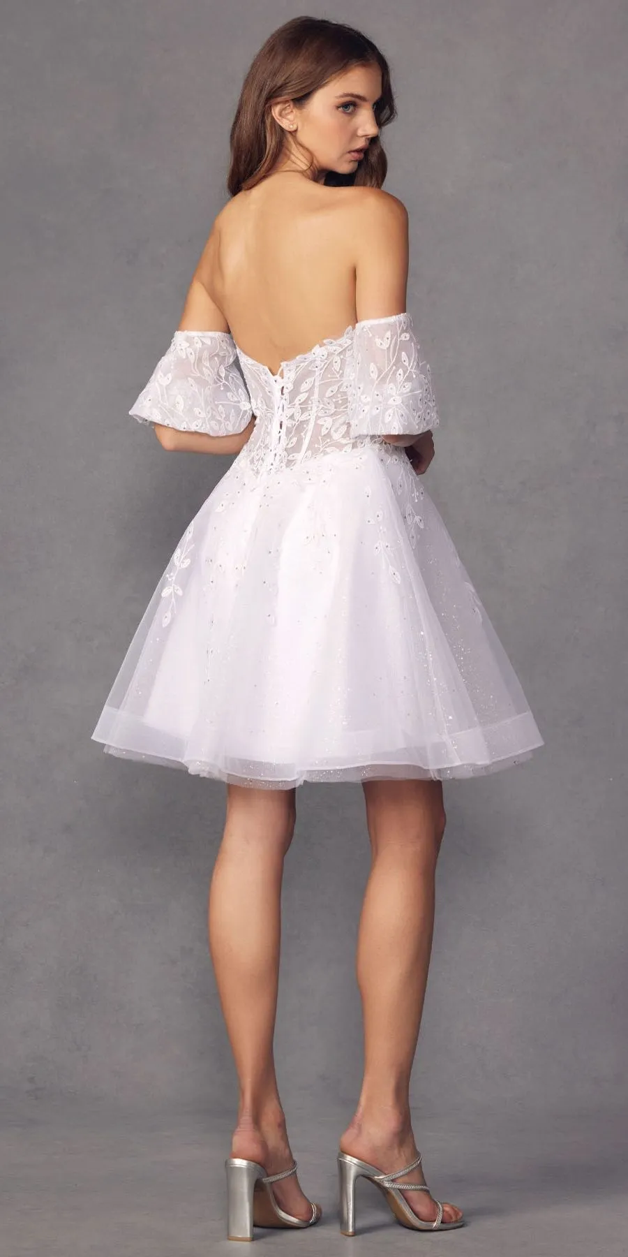 Juliet 909 Short A-Line Glitter Print Dress Removable Short Puff Sleeves