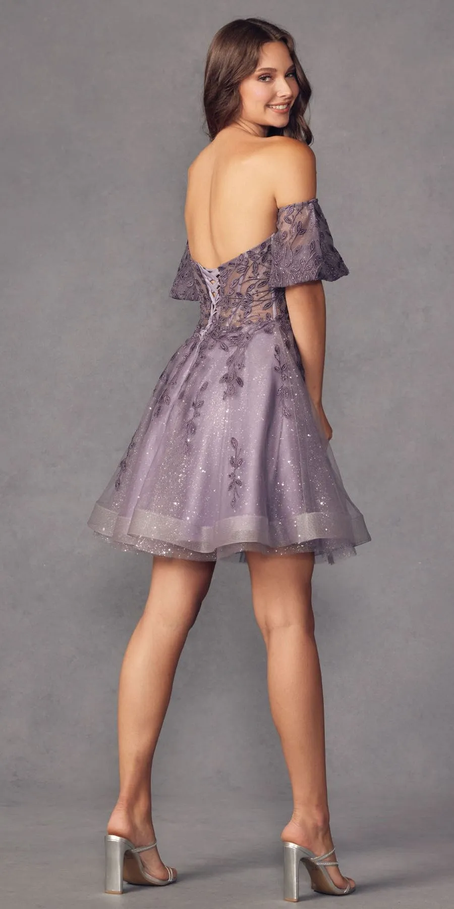 Juliet 909 Short A-Line Glitter Print Dress Removable Short Puff Sleeves