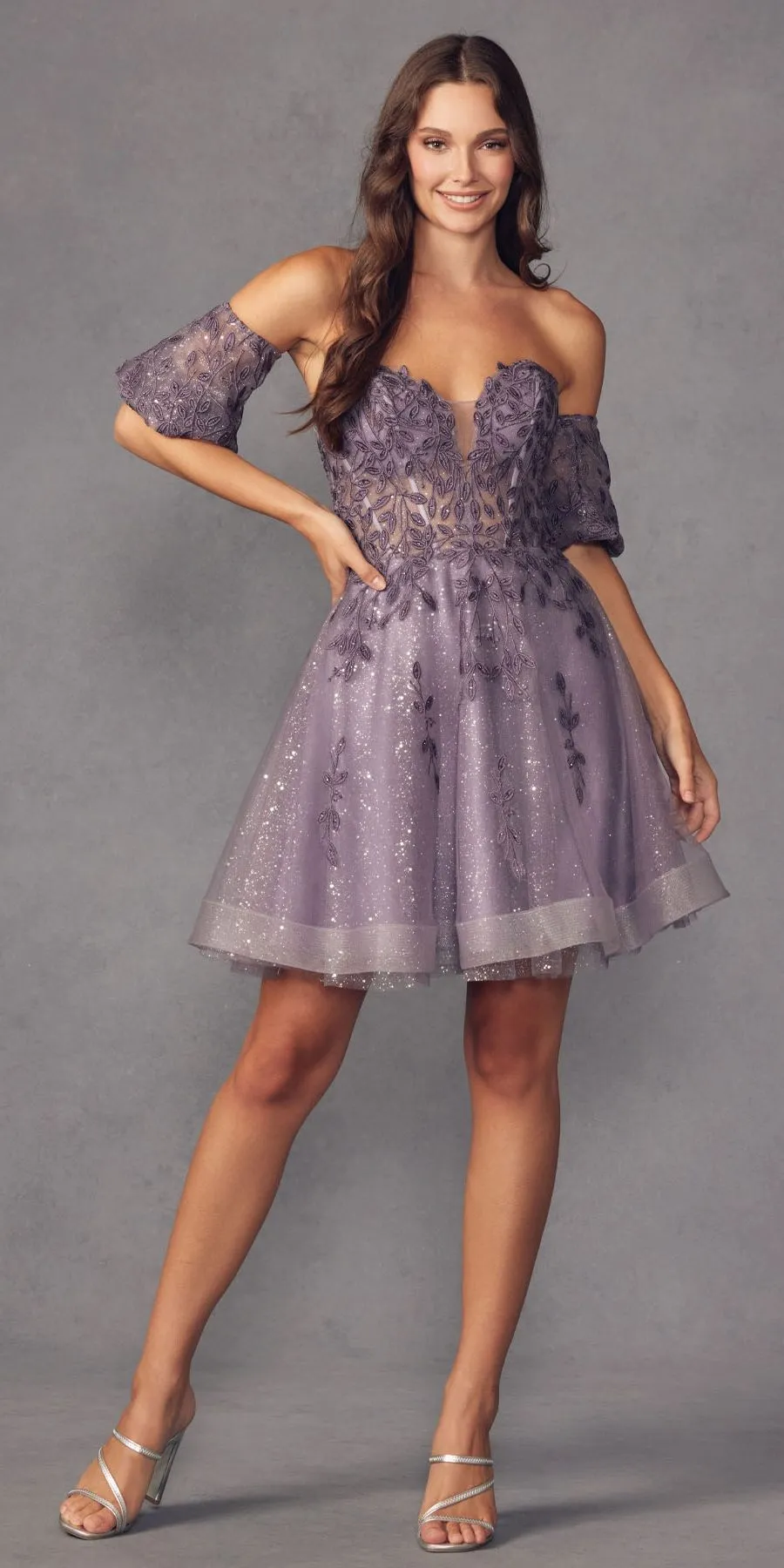 Juliet 909 Short A-Line Glitter Print Dress Removable Short Puff Sleeves