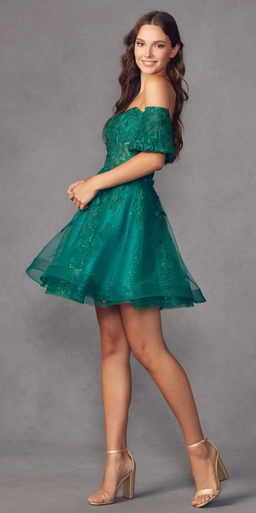 Juliet 909 Short A-Line Glitter Print Dress Removable Short Puff Sleeves