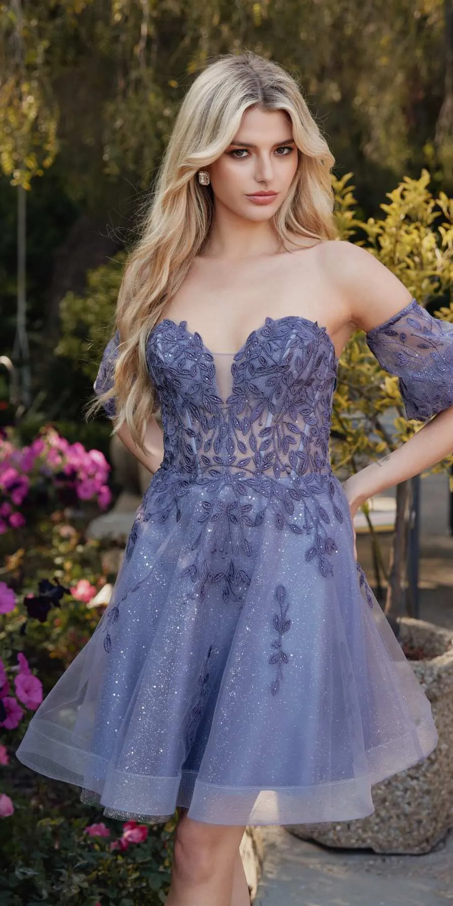 Juliet 909 Short A-Line Glitter Print Dress Removable Short Puff Sleeves