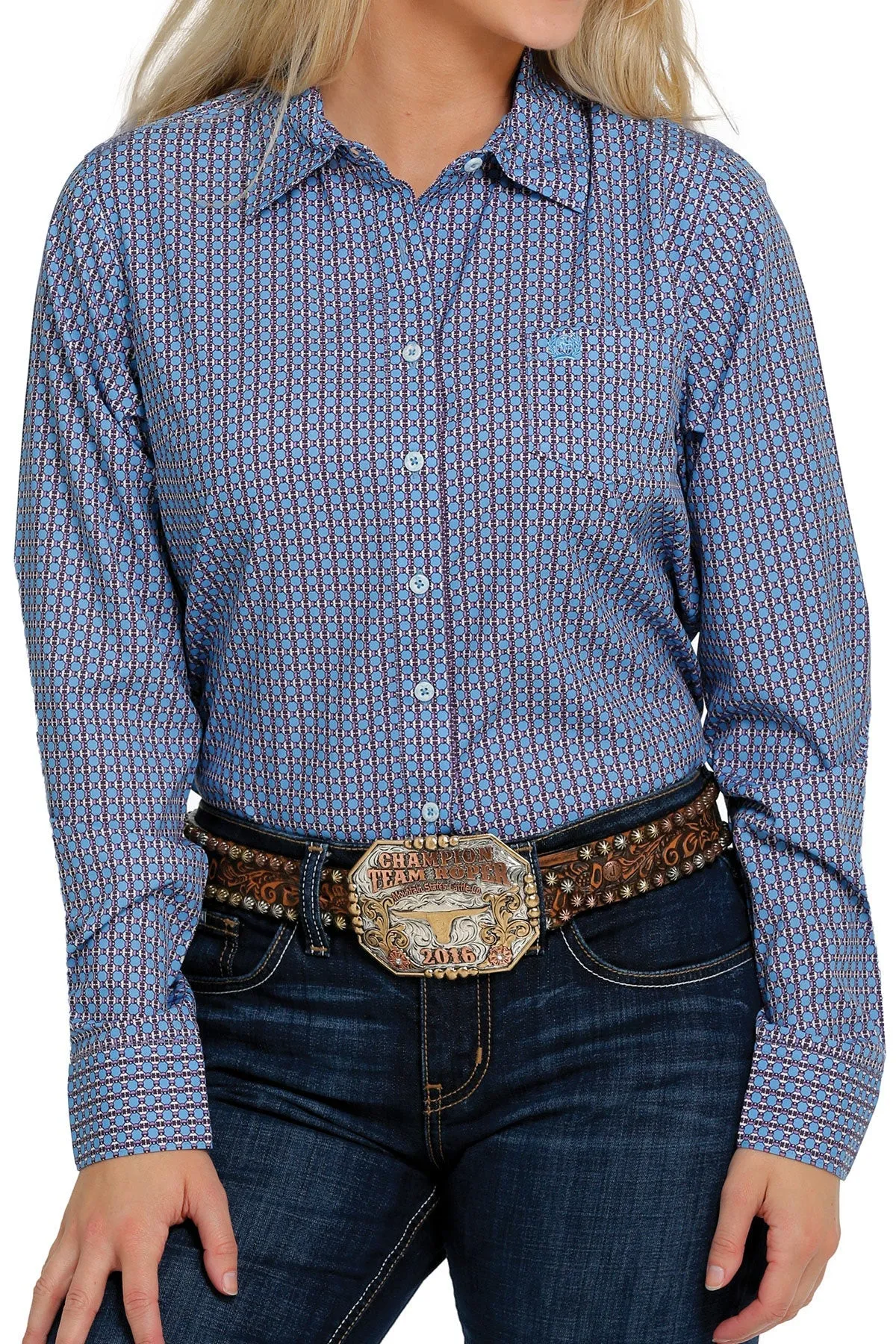 LADIES LIGHT BLUE ARENAFLEX CINCH LONG SLEEVE SHIRT