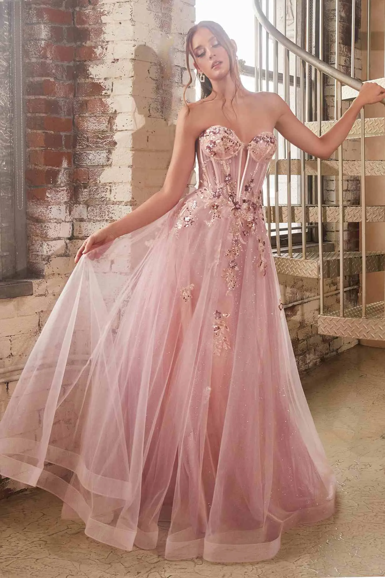Ladivine CB142 Long Strapless Plunging Neckline Layered Tulle Ballgown