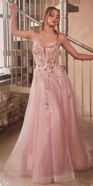 Ladivine CB142 Long Strapless Plunging Neckline Layered Tulle Ballgown