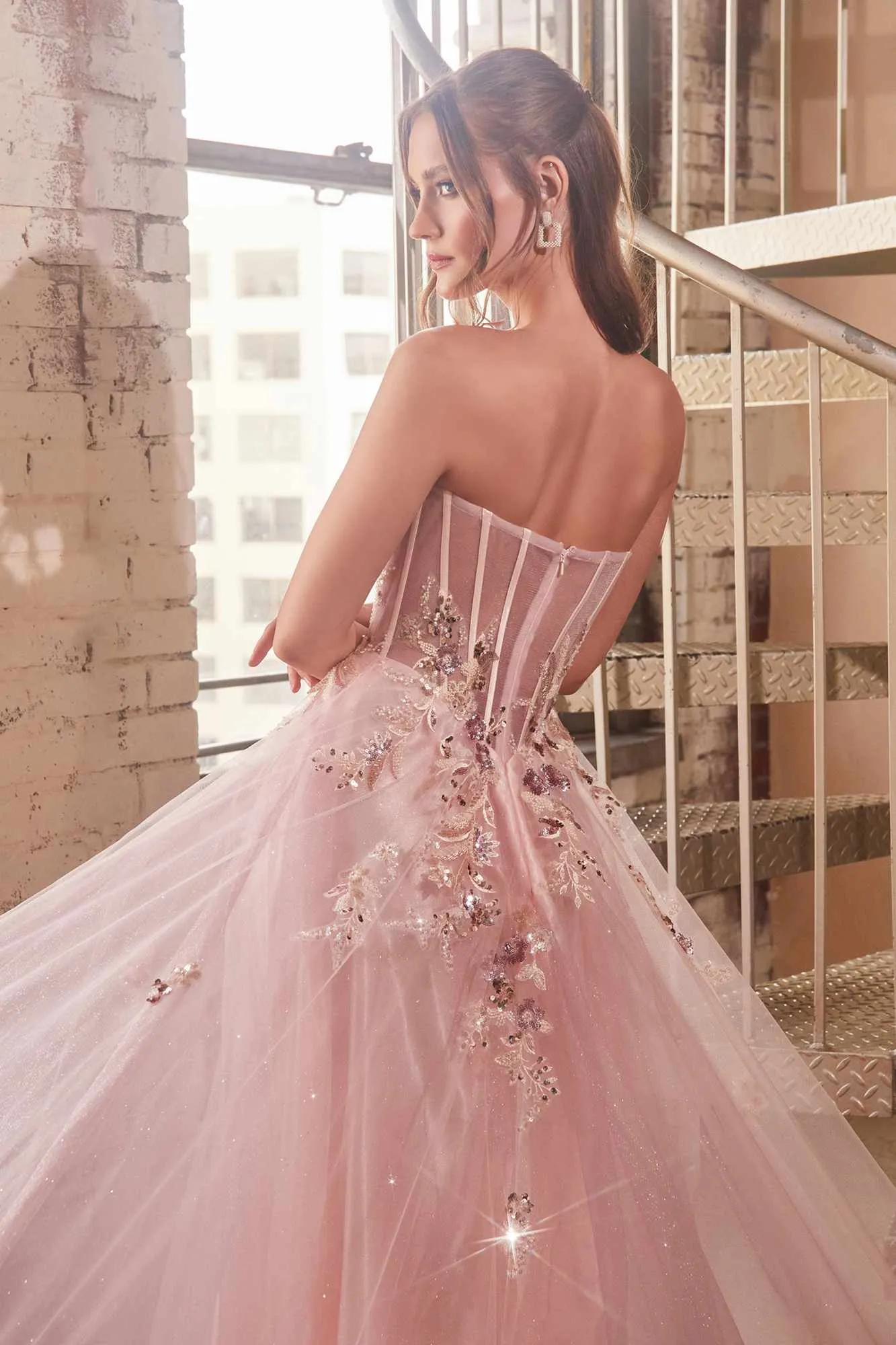 Ladivine CB142 Long Strapless Plunging Neckline Layered Tulle Ballgown