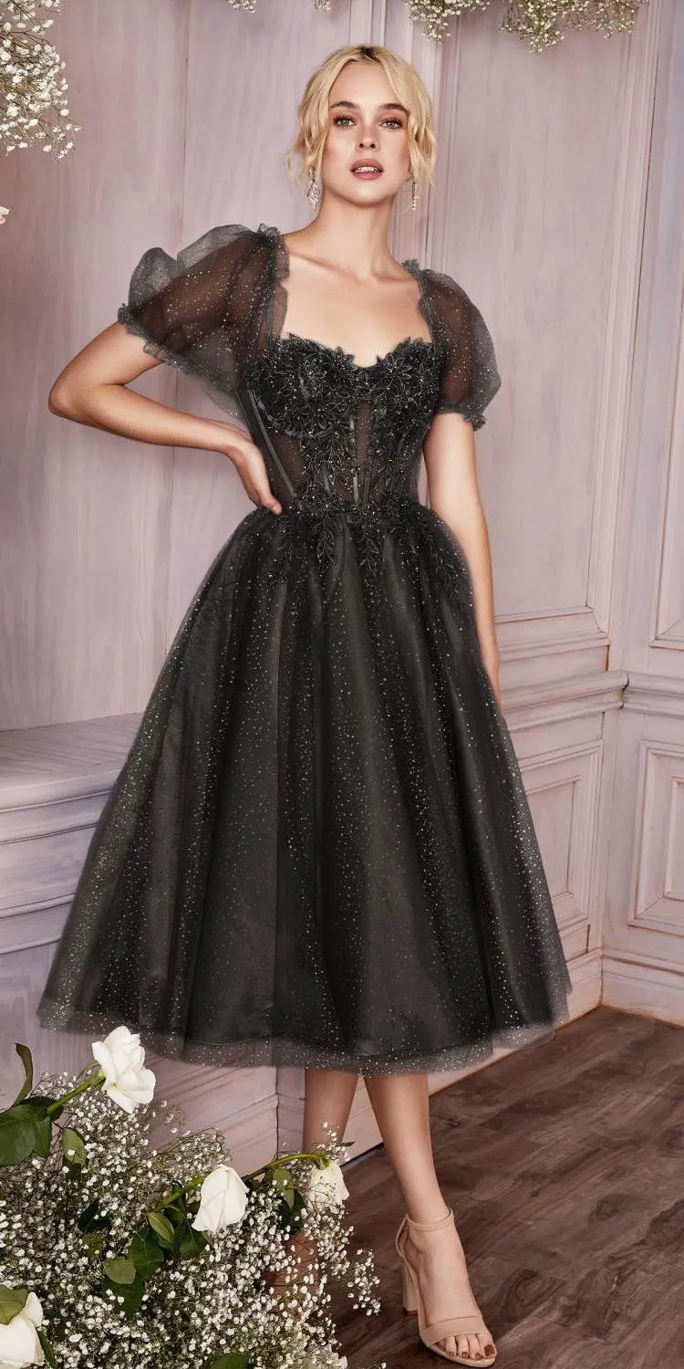 Ladivine CD0187 Tea Length Layered Tulle Dress with Short Puff Sleeves