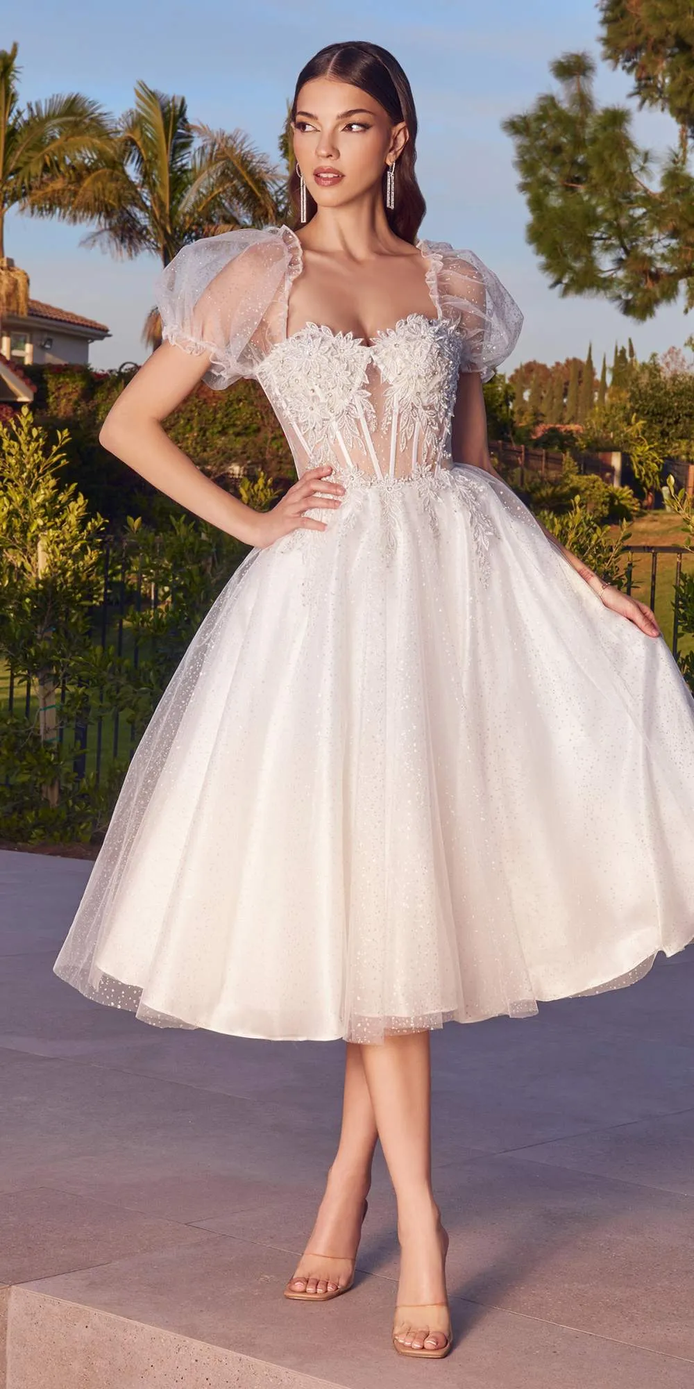 Ladivine CD0187 Tea Length Layered Tulle Dress with Short Puff Sleeves