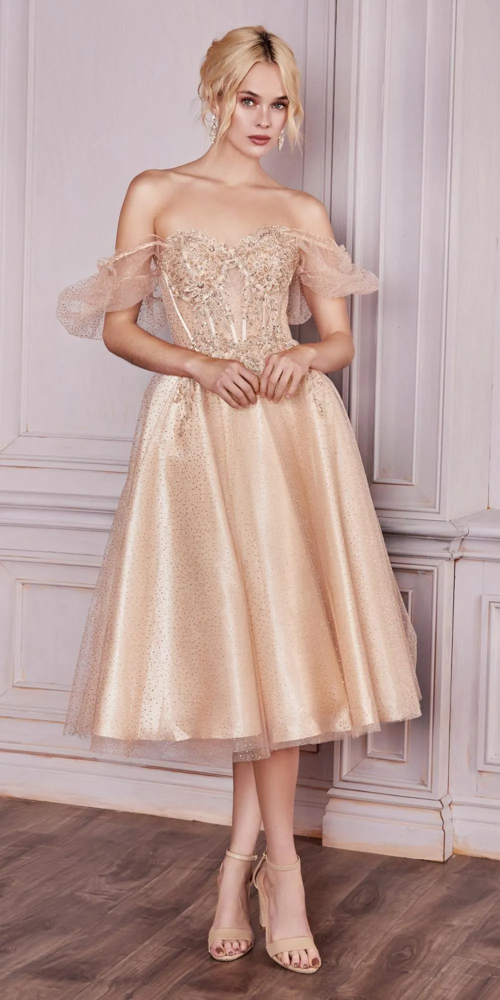 Ladivine CD0187 Tea Length Layered Tulle Dress with Short Puff Sleeves