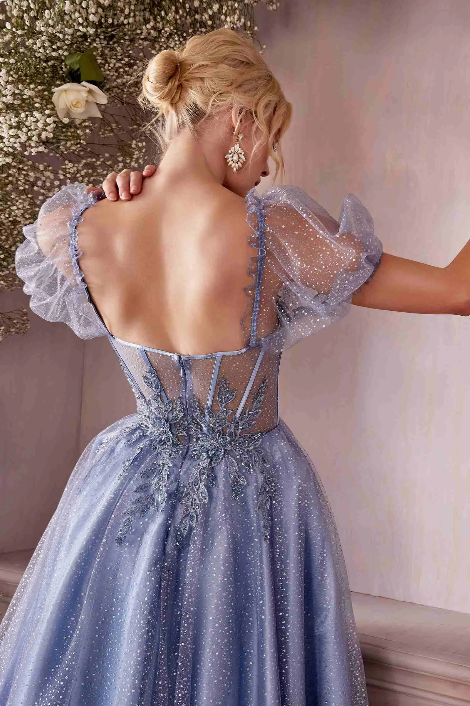 Ladivine CD0187 Tea Length Layered Tulle Dress with Short Puff Sleeves