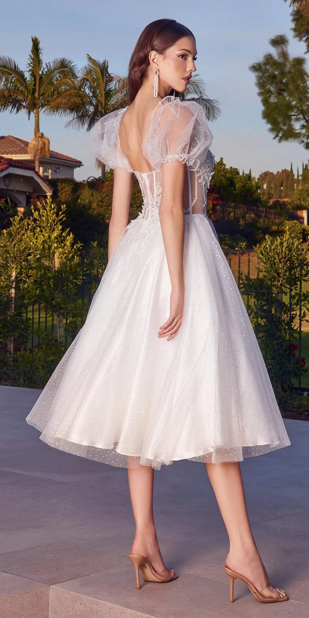Ladivine CD0187 Tea Length Layered Tulle Dress with Short Puff Sleeves