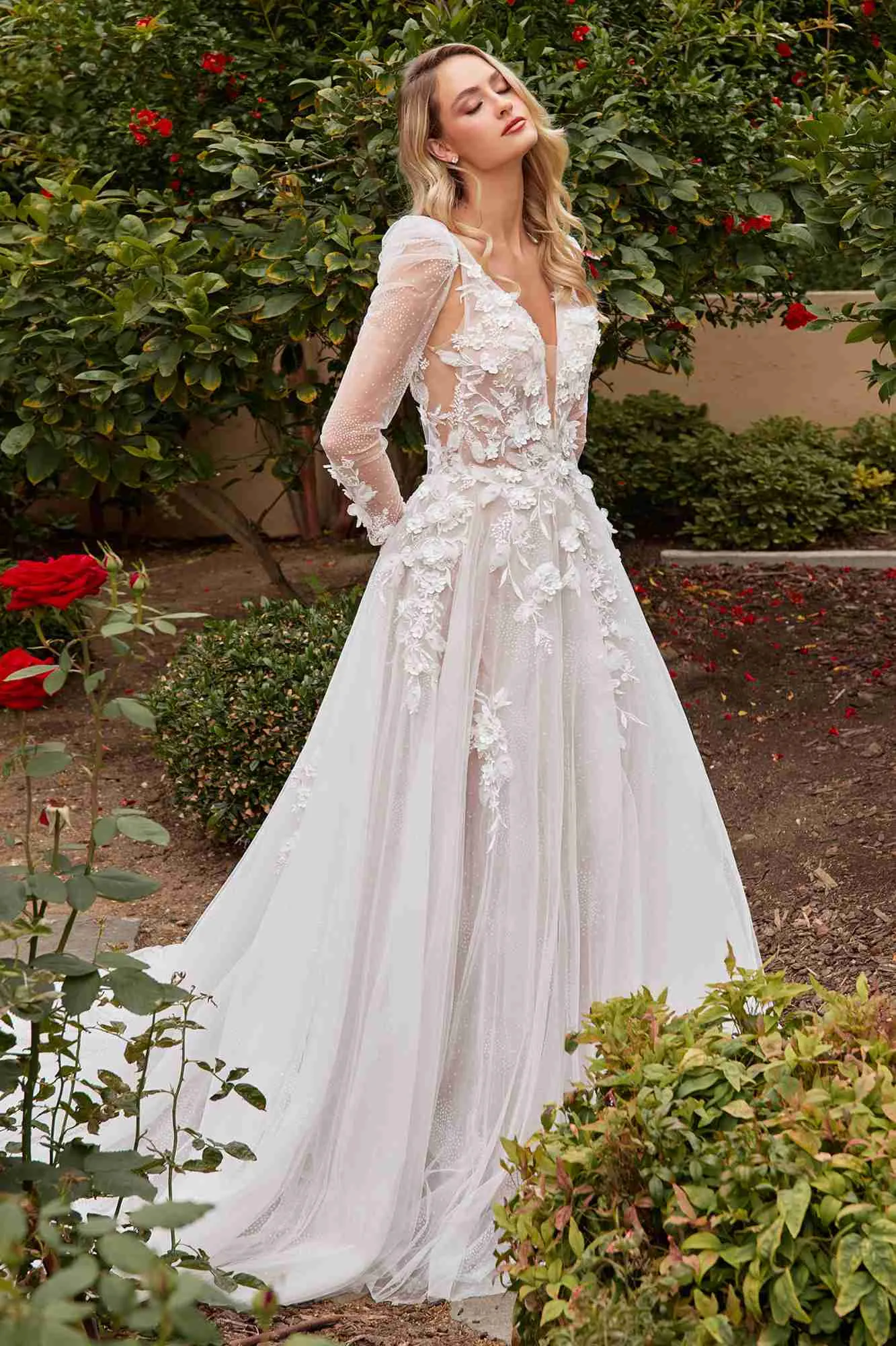 Ladivine CDS436W Long A-Line Ball Wedding Gown Removable Long Sleeves
