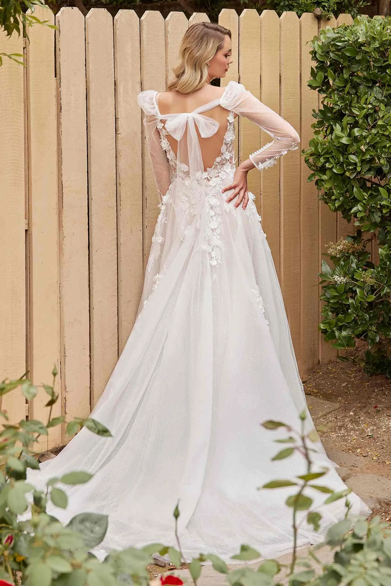 Ladivine CDS436W Long A-Line Ball Wedding Gown Removable Long Sleeves