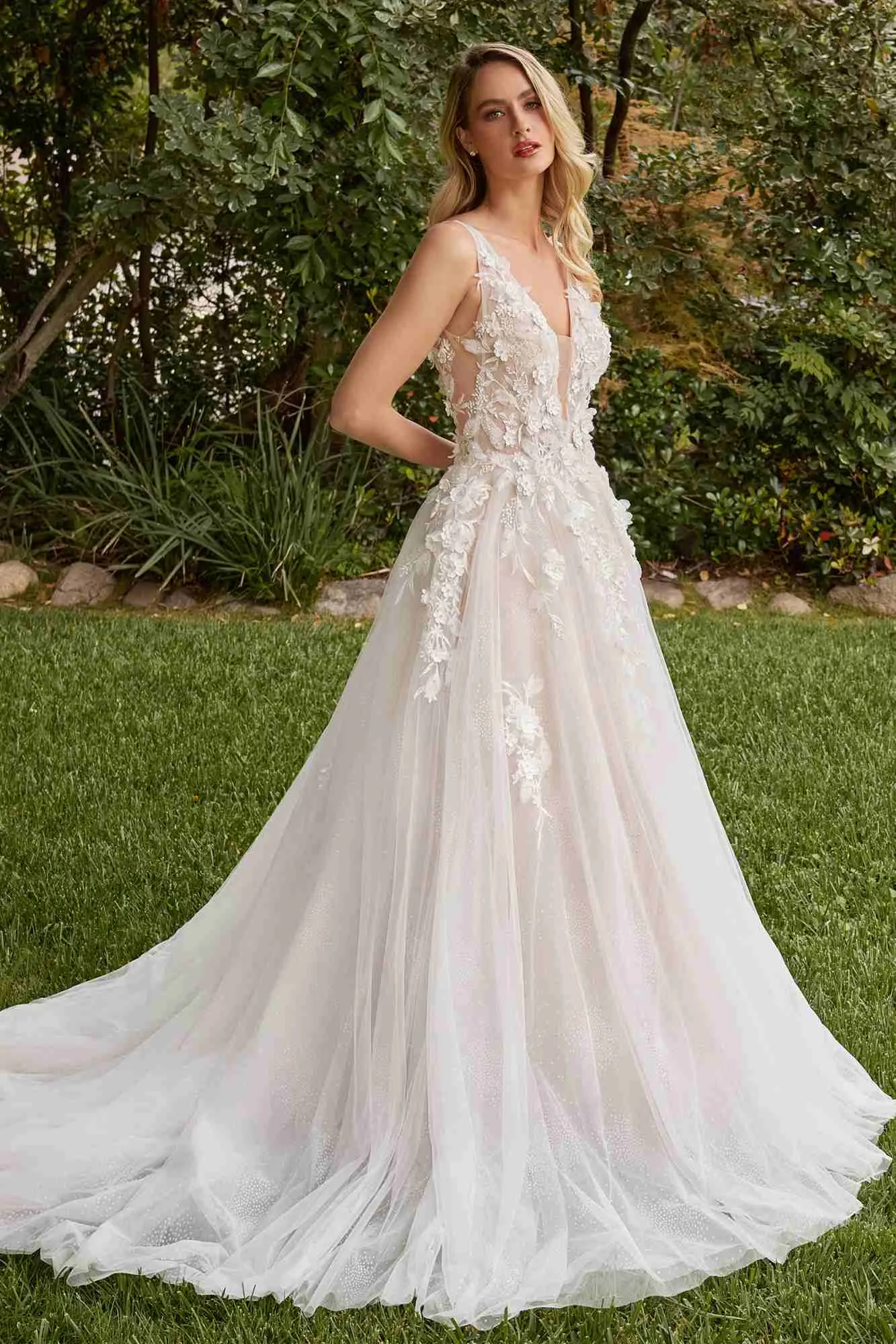 Ladivine CDS436W Long A-Line Ball Wedding Gown Removable Long Sleeves