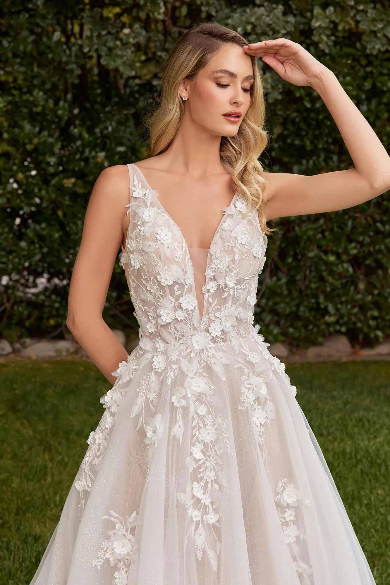 Ladivine CDS436W Long A-Line Ball Wedding Gown Removable Long Sleeves
