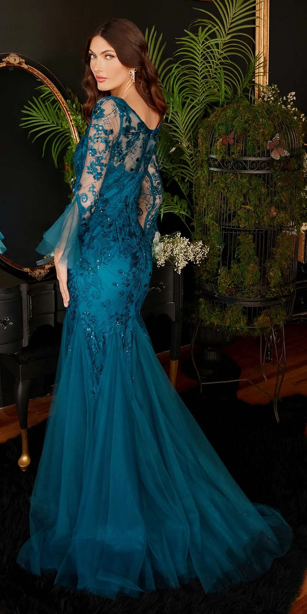 Ladivine CM327 Floor Length Mermaid Gown with Bell Sleeves