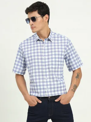 Light Blue Checked Slim Fit Semi Casual Shirt | Greenfibre
