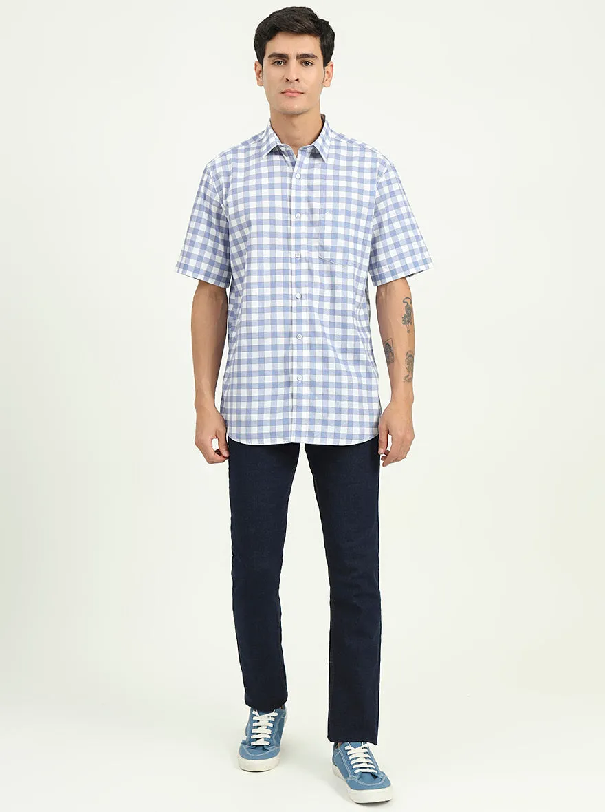 Light Blue Checked Slim Fit Semi Casual Shirt | Greenfibre