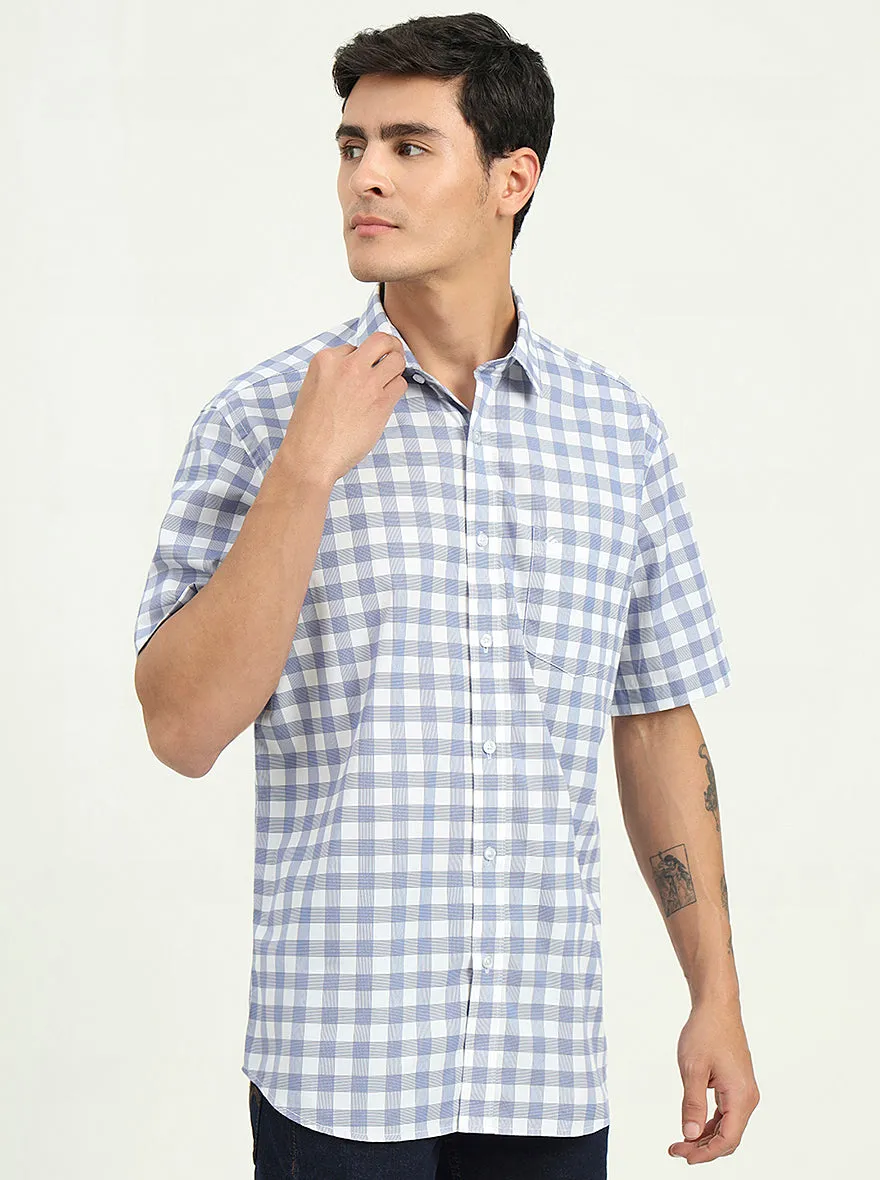 Light Blue Checked Slim Fit Semi Casual Shirt | Greenfibre