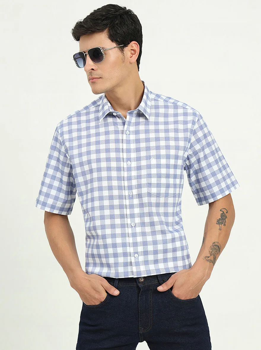 Light Blue Checked Slim Fit Semi Casual Shirt | Greenfibre