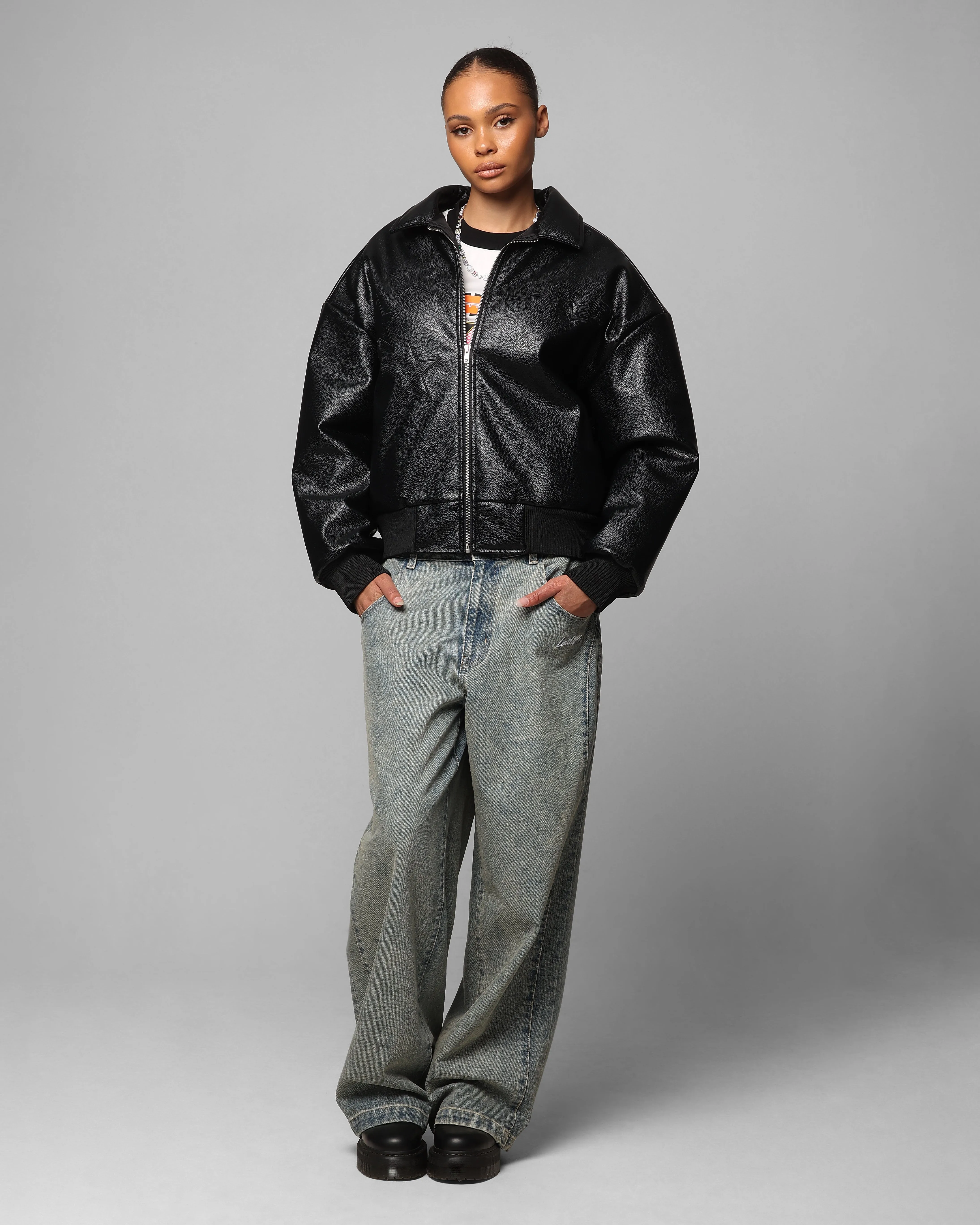 Loiter Solar Vegan Leather Varsity Jacket Black