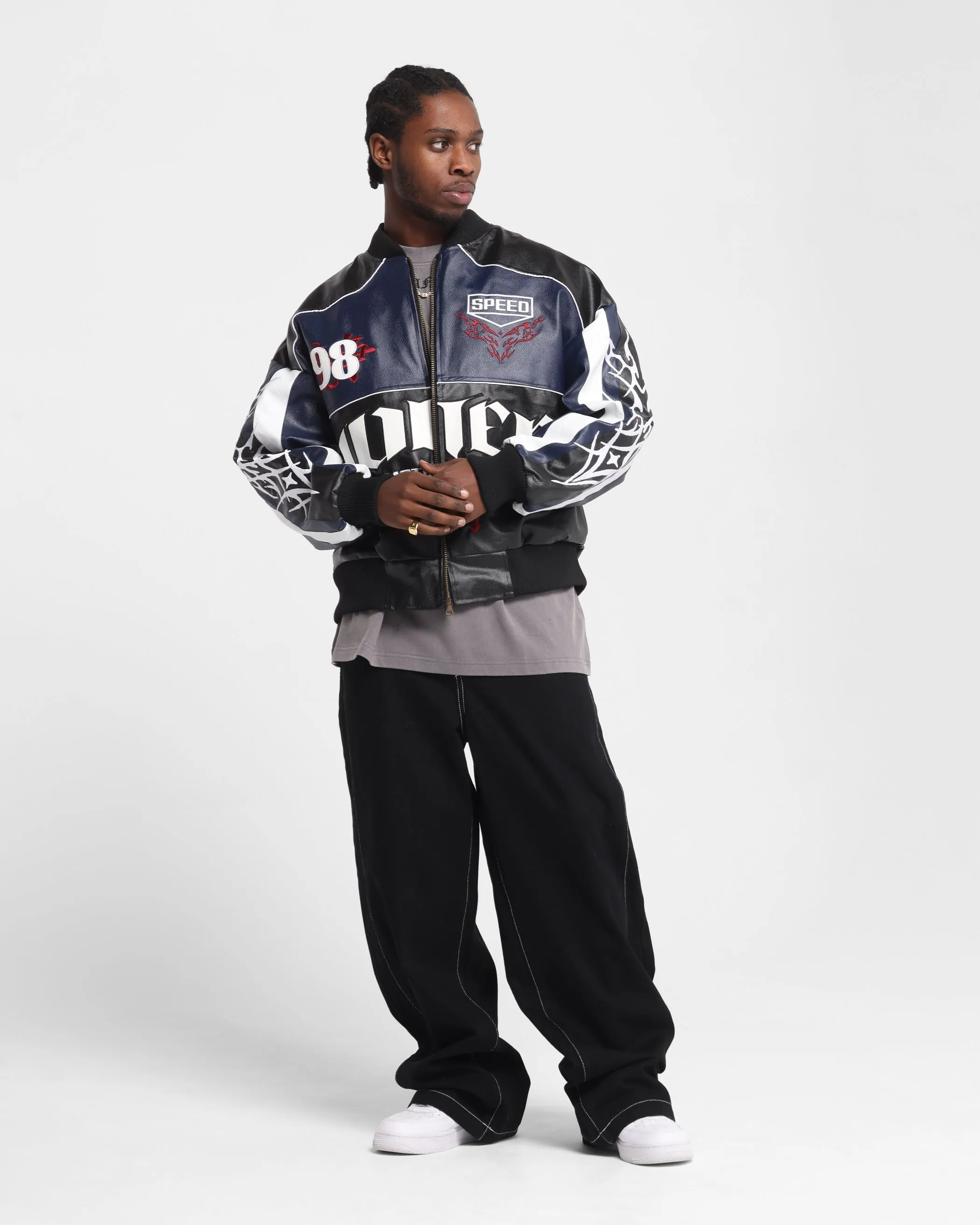 Loiter Tokyo Drift Vegan Leather Jacket Navy